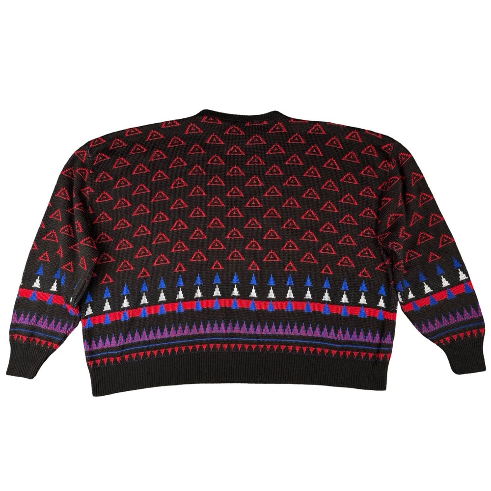 Vintage 90s USA Knit Sweater Geometric Pattern Black Red Blue Mens 1X - Picture 2 of 5
